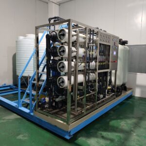 Industrial RO skid with membrane housings and FRP filter tanks