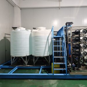 Commercial RO purification system on blue frame, front view