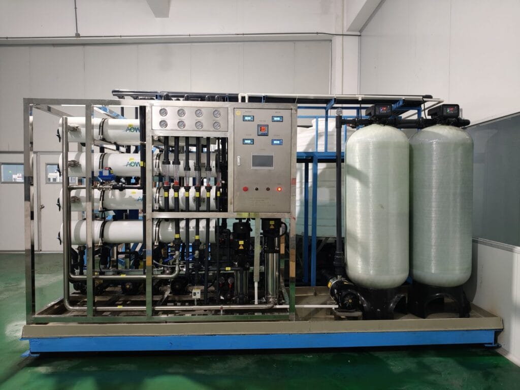 RO system skid with FRP tanks in factory workshop