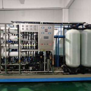 RO system skid with FRP tanks in factory workshop