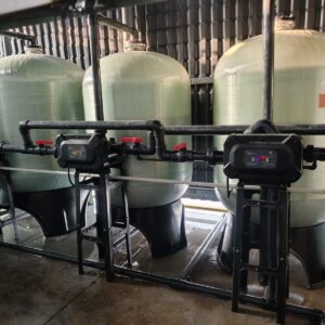 Twin FRP softener tanks with automatic valves