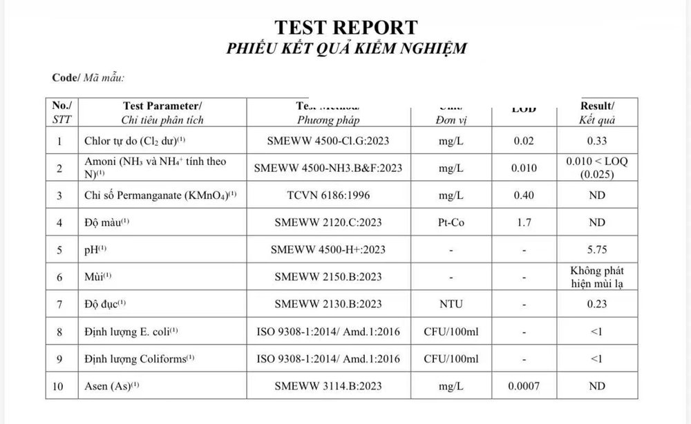 Feed water test report from a completed project in Vietnam — the document behind your water treatment quote (sample code masked)